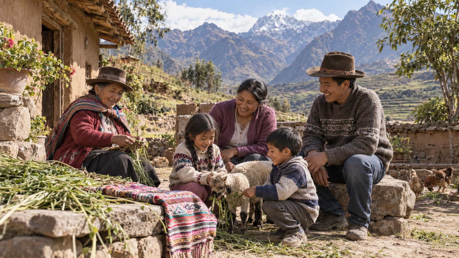 Escena creada con IA: una familia de varias generaciones comparte una mañana junto a su casa en un valle inspirado en Cusco.