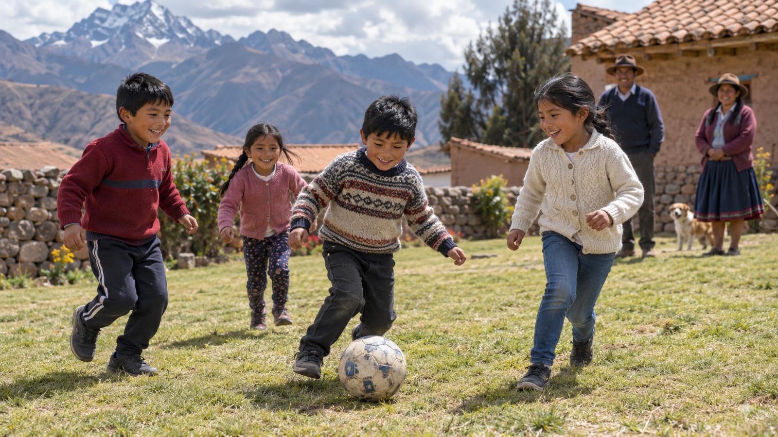 Escena creada con IA: cuatro niños juegan con una pelota en un patio verde, con adultos cerca y montañas al fondo.
