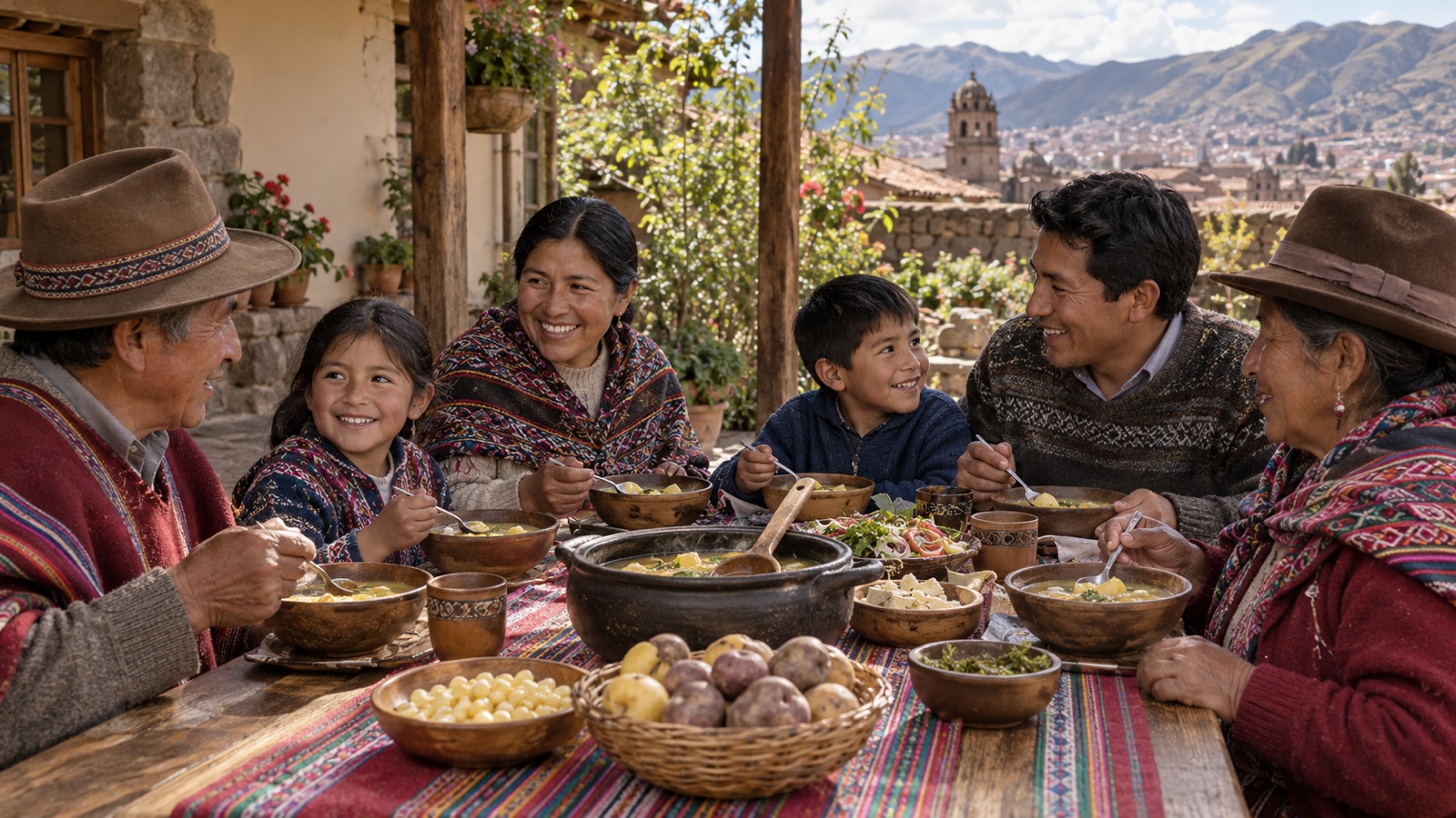 Escena creada con IA: abuelos, padres y niños conversan durante una comida al aire libre inspirada en Cusco.
