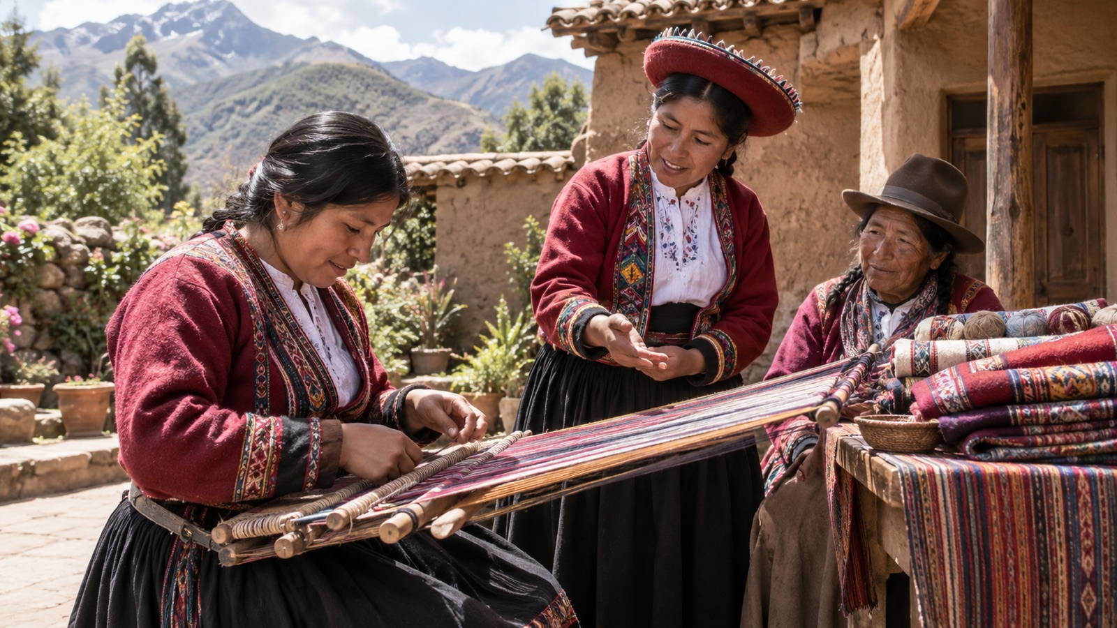 Escena creada con IA: tres mujeres conversan y tejen en un patio inspirado en Cusco.